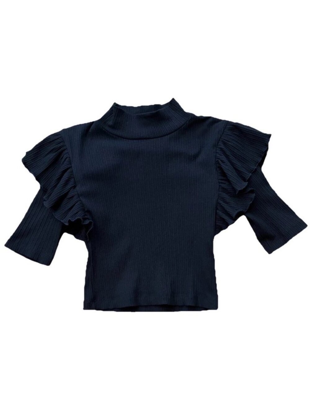 Zara Ribbed Ruffle 1/2 Sleeve Women’s Size Small Knit Top Cropped Black